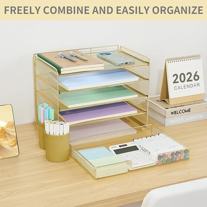 LEKETREE Desk Organizers and Accessories, 5-Tier Paper Letter Tray Organizer with Drawer & 2 Pen Holders, Desktop Organizer for Office Supplies (Gold)
