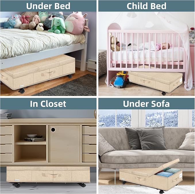 Supowin Under Bed Storage with Wheels, 2Pack Rolling Underbed Storage | 7.3 Inches Tall Under the Bed Container with Lids, Reinforced Handle, Reinforced Metal Bottom Support, 360° Rotating Wheels