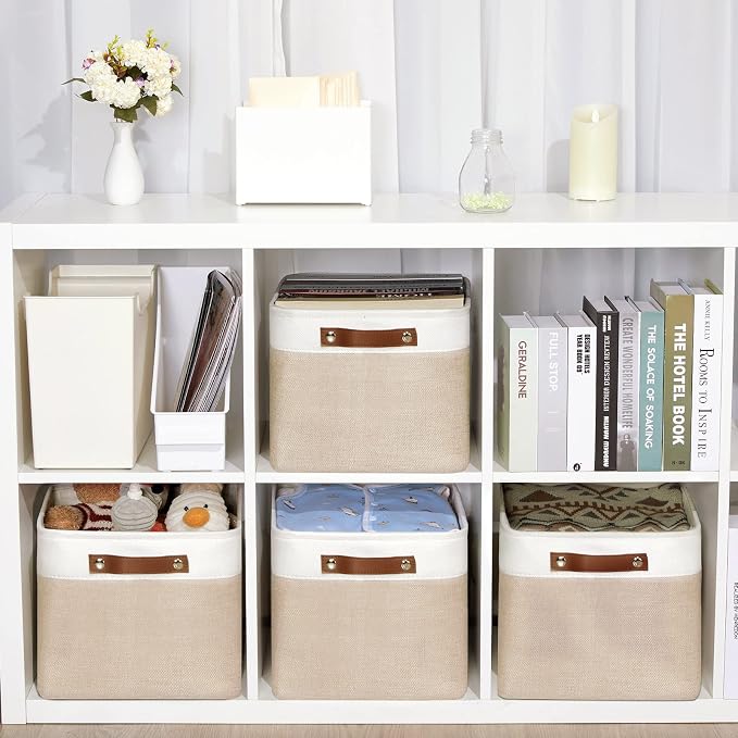 DULLEMELO Fabric Storage Bins for Laundry, Home, Foldable Storage Baskets for Shelves, Toys, Collapsible Storage Bins for Office, Closet,Bedroom(White&Khaki,L-15"x11"x9.5",4-Pack)