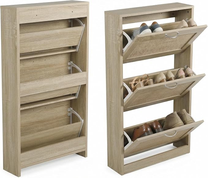 HOPUBUY Shoe Cabinet for Entryway, Narrow Shoe Storage with 3 Flip Drawers | Wood Slim Shoe Rack, 3 Tier Thin Shoe Organizer for Home and Apartment,Nature Rattan