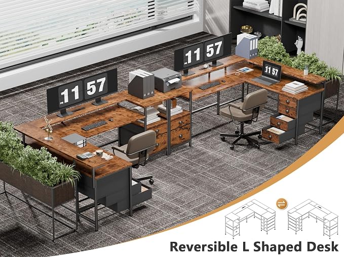 Furologee 66'' L Shaped Computer Desk with 6 Drawers & LED, Rustic Brown | Reversible Large Corner Desk with Printer Storage Shelves,LED Lights,Monitor Stand for Home Office,Working Writing Study