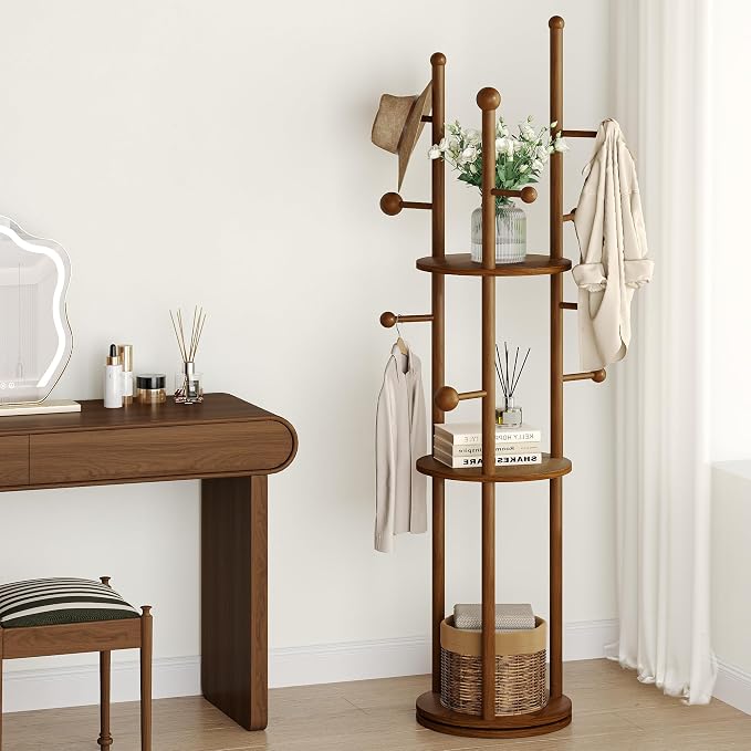 FROMJBEST Coat Rack Freestanding, Coat Tree Entryway, Mid-Century, Walnut | Freestanding, Solid Wood, 9 Hooks & 3 Shelves, for Entryway, Hallway, Bedroom, Living Room, Office, Holds Bags, Hats, Purses