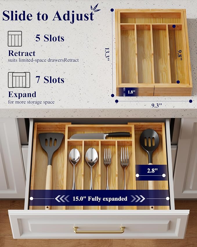 Kitsure Silverware Organizer, Bamboo Kitchen Drawer Tray, Natural, Medium | Expandable Drawer Kitchen Organizer, Cooking Utensils & Cutlery, Sturdy & Thickened Design, Storage Solution