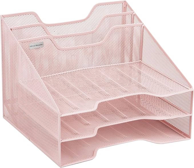 Mind Reader Metal Mesh Desktop File Organizer, 3-Tier Paper Tray with 5 Compartments, Office Mail Sorter, Pink