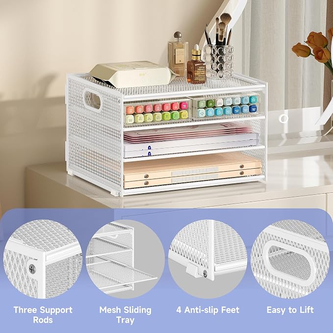 Subekyu Paper Letter Tray Organizer for Desk, White Metal Mesh Desk File Sorter Organizer with Handle and 2 Sliding Trays for Home Office School Supplies Organization