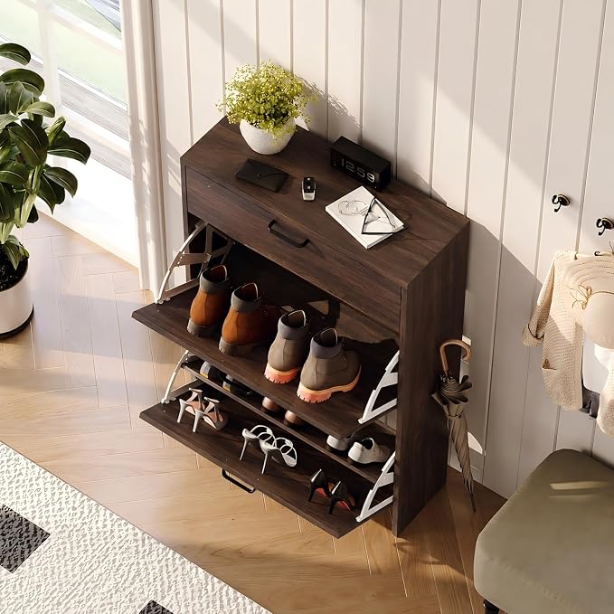 VINGLI Shoe Cabinet Storage for Entryway,Walnut Narrow Wood Shoe Rack,25" W | 8–12 Pairs,Skirting Board Cutout,Drop-Down Drawer,9.4"D Slim,Walnut,2 Flip Drawers,Adjustable & Removable Shelf,Freestanding