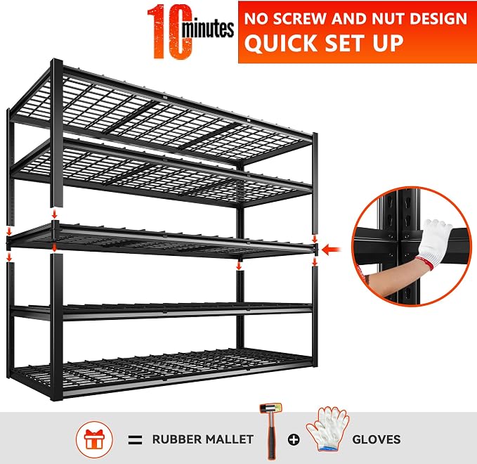 REIBII 60"W Heavy Duty Garage Shelving,3000LBS Storage Shelves For Basement | 5 -Tier Metal Shelving,Adjustable Rack,Reinforced Steal bars,for Industrial Shop Commercial Warehouse,60 W x 24" D x 72" H