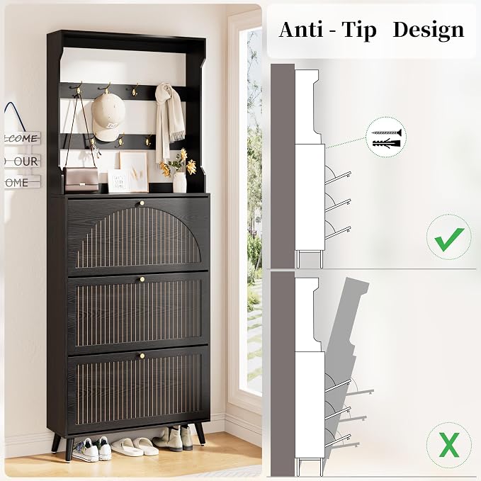 Fsbecl Shoe Storage Cabinet with 3 Fluted Flip Drawers & Coat Rack, Black | Slim Freestanding Shoe Organizer with Hidden Storage, Adjust Shelves, Wooden 2-in-1 Hall Tree for Entryway Foyer, 18-24 Pairs