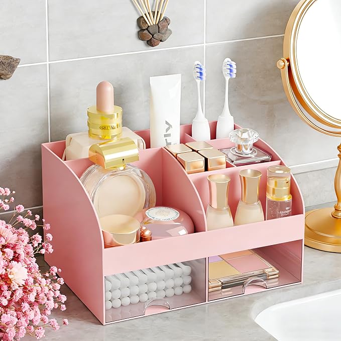 Makeup Organizer with 2 Drawers, Cosmetic Storage for Dresser Vanity and Bathroom Countertop,Make up organization and Skincare Storage with Beauty Brush Holder, Cosmetic Display Case (Pink)