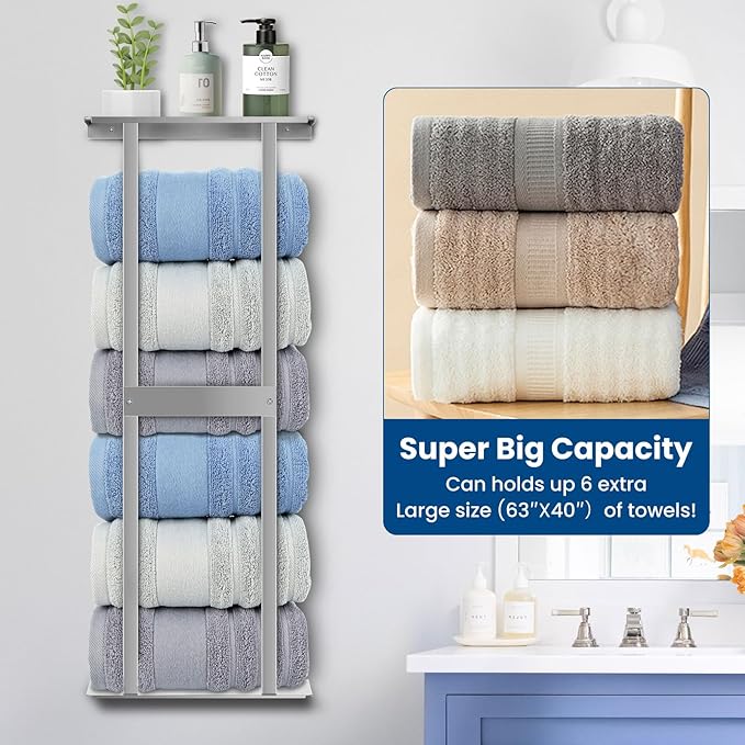 Bathroom Towel Storage Rack, Wall Mounted Bathroom Towel Rack, 30 inch Heavy Duty 6 Large Towels, Wall Mounted Towel Rack for Rolled Towels, Silver
