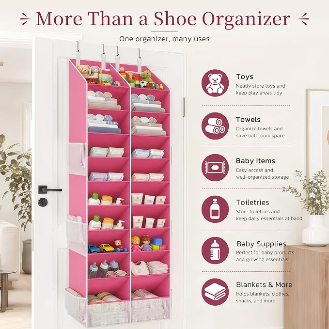 Over the Door Shoe Organizer, 20-30 Pairs Heavy-Duty Hanging Shoe Storage with Large Pockets, 10-Tier Door Shoe Rack with 4 Hooks for Sneakers Sandals Heels Boots (Pink)