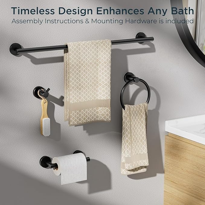 FORIOUS Bathroom Accessories, 8-Piece Bathroom Hardware Set - 24" Towel Bar | Matte Black | Towel Hooks, Towel Racks for Bathroom, Toilet Paper Holder Wall Mounted & Towel Ring | SUS304 Stainless Steel