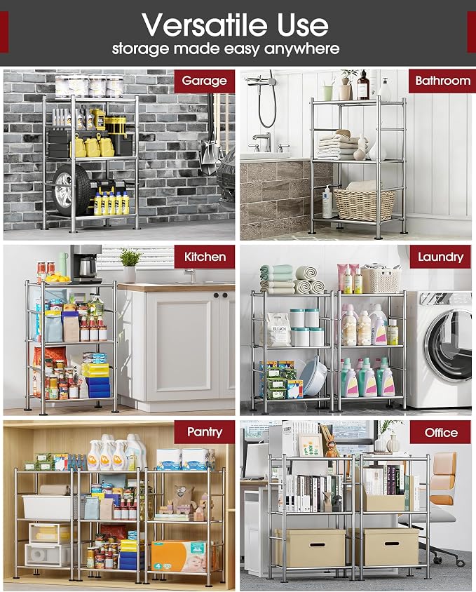 Sakugi Storage Shelves - 3 Tier Shelf Organizer, Sturdy Metal Shelving with Adjustable Leveling Feet, Space-Saving Shelves Organizer for Pantry, Laundry, Kitchen (18" x 12" x 30", Silver)