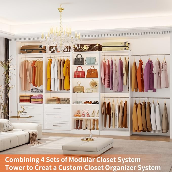 Closet System Set of 4, 8-21FT Closet System with 6 Drawers, 8 Shelves & 8 Hanging Rods, Custom Walk in Closet Organizer System Adjustable, Max 252“ Modular Closet Storage System Wood, White