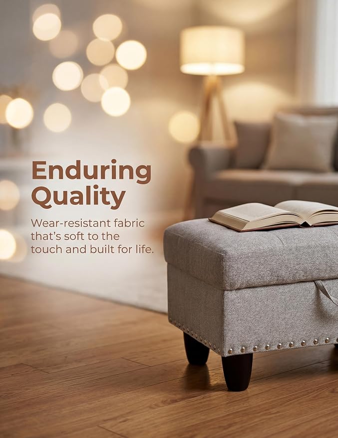 Ottoman with Storage, 28.5 inch Liner Storage Ottoman with Padded Seat, Large Entryway Bench with Solid Wood Frame, Upholstered Sturdy Foot Rest for Living Room, Bedroom, Entryway, Gray White