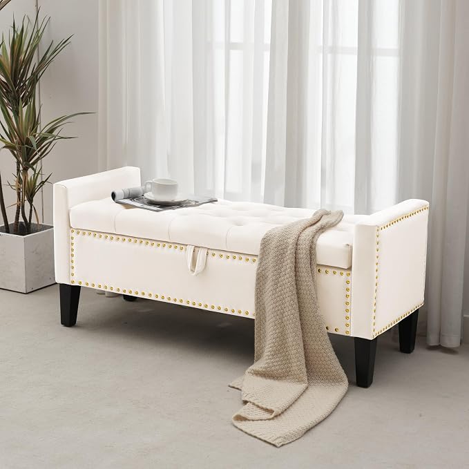 Storage Ottoman Bench, Velvet Upholstered Footstool for Bedroom and Living Room, Tufted Seat with Storage, Wooden Legs & Metal Rivets, Beige