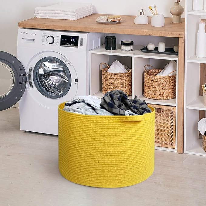 Extra Large Yellow Basket, 22” X 22” X 14” Cotton Rope Yellow Decor for Living Room Bedroom, Woven Basket for Blanket, Laundry, Towel, Shoe, Baby Nursery Toy Organizer, Room Decor Storage Bin
