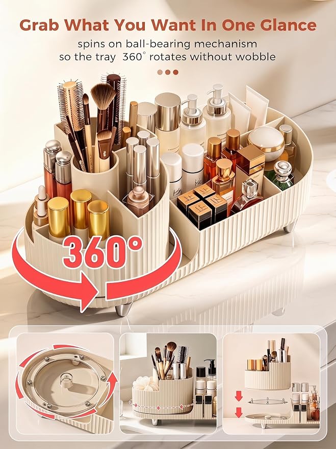 Booklov Rotating Makeup Organizer for Vanity Countertop, Cream | Plastic Cosmetic Display Case, Large Beauty Brush Holder for Bathroom Counter, Skin Care Perfumes Storage