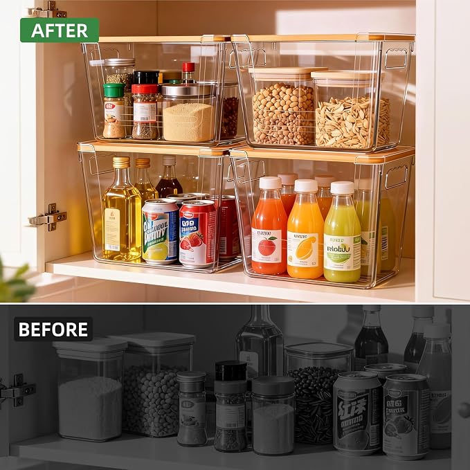 4 Pack Pantry Storage Containers for Onions, Potatoes and Trash Bags | Clear Design for Easy Access, Premium Bamboo Lid, Multi-Functional & Stackable Storage