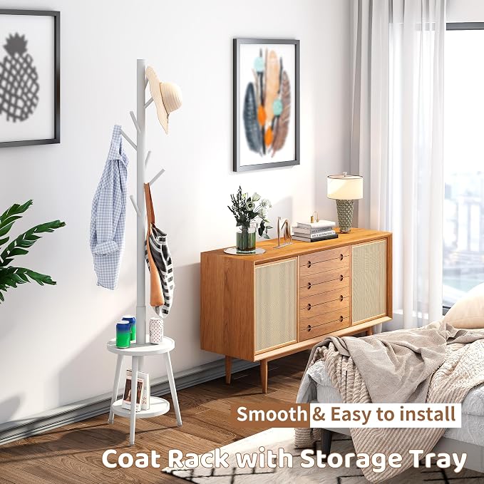 Freestanding Coat Rack with Umbrella Organizer Tray Bamboo Coat Tree Rack with 8 Hook Stand for Clothes Bag Hats Entryway Hanger Stand (Umbrella Tray, White)