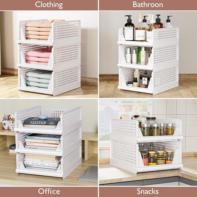 4 Pack Folding Closet Organizers Storage Box, Stackable Storage Bins, Plastic Drawer Basket Closet Storage for Wardrobe Cupboard Kitchen Bathroom Office White-4L | White stackable plastic drawer bins for closets, wardrobes, kitchens, bathrooms, offices