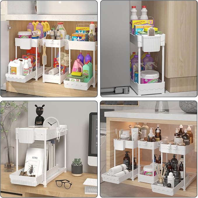 Sevenblue 3 Pack Under Sink Organizers, 2-Tier Multi-Use Kitchen and Bathroom Organizers and Storage with Sliding Drawers, Bathroom Cabinet Organizer (White, 14.8 Inch) | Multi-use kitchen & bathroom storage, 14.8 inch white cabinet organizer, space-sa...