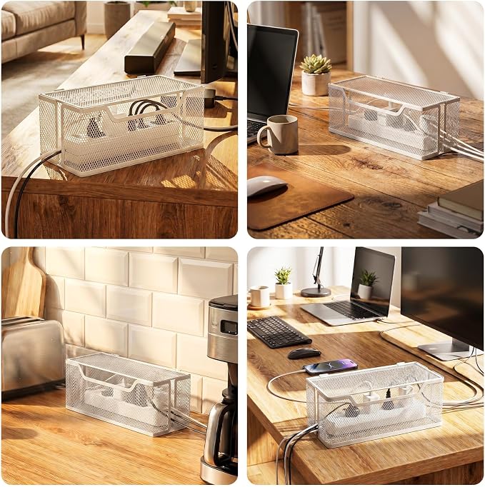 3 Pack Cable Management Box, Metal Mesh Cord Organizer Box for TV Wires, Electrical Hiding, Power Strip – Under Desk Cable Storage Box with Cable Clips&Reusable Cable Ties for HomeOffice - White