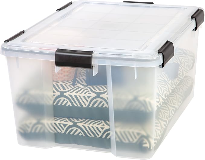IRIS USA WeatherPro Storage Bins with Lids, 63 Qt, Gasket Seal, 2 Pack | BPA-free gasket seal helps protect documents, clothing, pet food, crafts, and household supplies from dust and moisture.