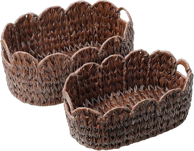 Coeusy Wicker Scalloped Basket Set of 2,Woven Storage Baskets for Shelves,Closet,Laundry,Gift,Towels,Books,Toys,Waterproof Cute Decor Basket for Organizing,Brown