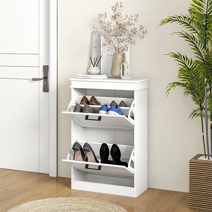 HOMCOM Narrow Shoe Cabinet with 2 Flip Drawers, Modern, for Entryway, White | Freestanding Small Shoe Storage Cabinet, Adjustable Shelves, Hallway