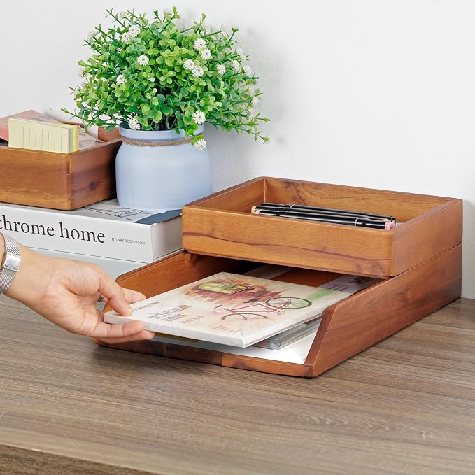 DEMIGO Desk Organizer Letter Tray Set of 2, Natural Acacia Wood Paper Tray | Wooden Tabletop Holder for Files, Folders, Notebooks & Documents, Workspace Stationery Storage Saver