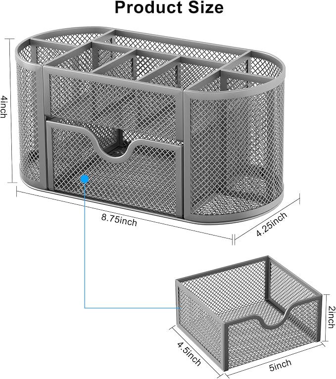 EasyPAG Mesh Pen Holder Desk Organizer with Drawer Stationery Supplies Organizer for Dorm School 9 Compartments Workspace Desk Accessories Organization for Office, Silver