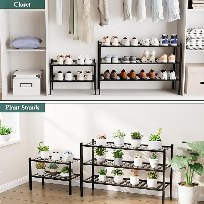 Smiry Bamboo Shoe Rack, 12 Vertical Slats, 2 Tier - 17.3" Wide, Black | Stackable Free Standing Wooden Shoe Organizer, Wood Shoe Storage Shelf for Closet, Entryway