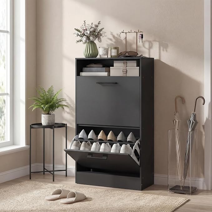 HOMCOM Shoe Cabinet with 2 Flip Drawers, Open Shelf, up to 12 Pairs, Black | Narrow Storage Cabinet, Adjustable Dividers, Entryway Shoe Storage Unit, for Hallway