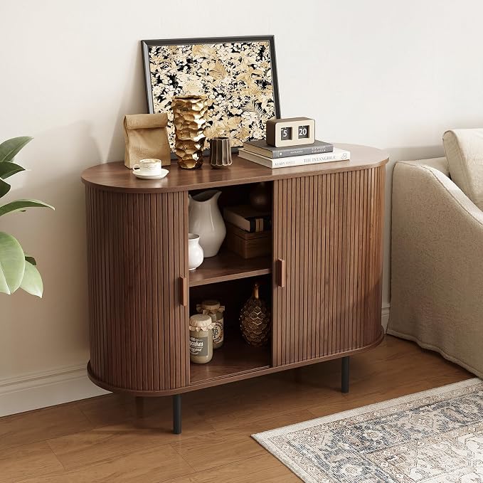 40" Sideboard Buffet Cabinet with Storage, Storage Cabinet with Sliding Door & Adjustable Shelf, Modern Accent Coffee Bar Console Table for Kitchen, Entryway, Walnut