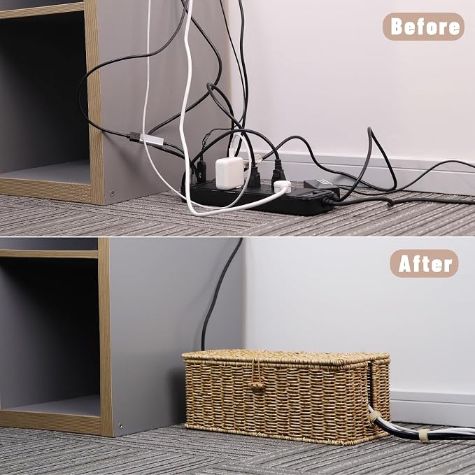 BROWNLILY Cable Management Box, Rattan Style Cord Organizer for Desk Cord Hider Outlet Covers for Power Strip TV PC Router Charger Under Desk Storage with Lockable Lid and Cable Ties