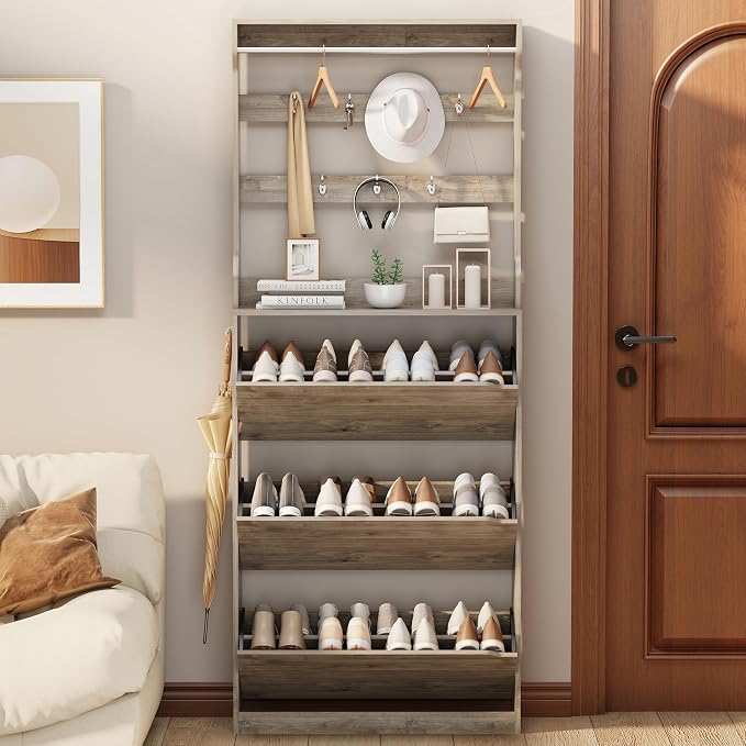 Shoe Cabinet for Entryway with 3 Flip Drawers, Grey Tall Wood Shoe Storage Cabinet with Coat Rack, Narrow Hidden Slim Freestanding Shoe Rack Organizer, 2 in 1 Hall Tree for Living Room, Hallway