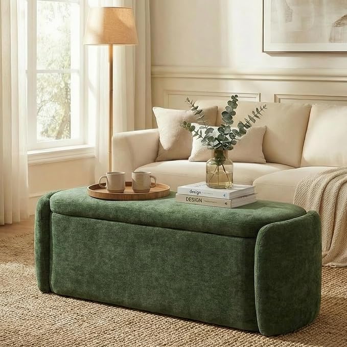 VKNOW Storage Bench, Upholstered Storage Ottoman Bench with Hinge, Green | Ottoman Bench with Large Capacity, Curved Frame, Soft Fabric, Storage Bench for Bedroom, Living Room, Entryway, Window
