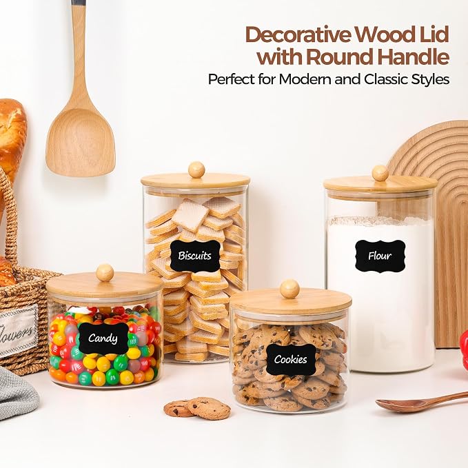 ComSaf Glass Storage Jars with Bamboo Lids 3.9 Qt 2 Pack Large Pantry Round | Flour sugar coffee beans, Pasta cereal dry food, Large capacity, Kitchen storage, Cabinet organization,Clips included