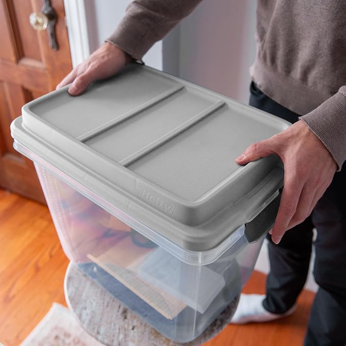 Hefty 32 Qt Hi-Rise Storage Bin with Lid, Stackable Plastic Storage Container, Organizer for Home, Garage & Closet, 6 Pack, Gray