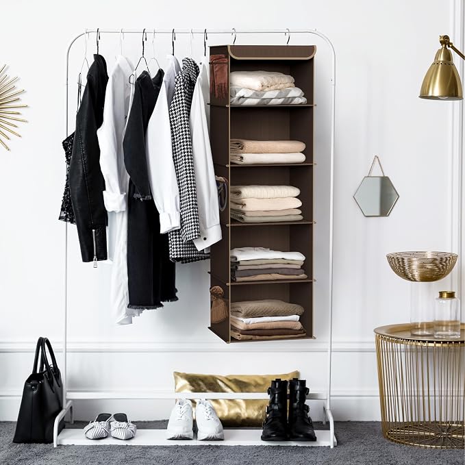 Simple Houseware 5 Shelf Hanging Closet Organizer, Brown | 360° Rotating Dual Hooks, Top Support Metal Frame, 6 Side Mesh Pockets