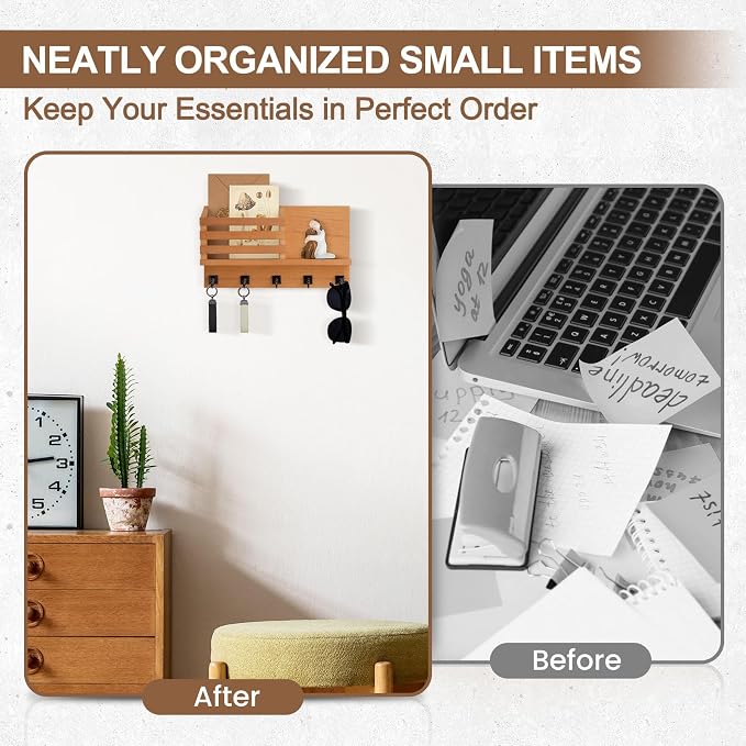 Key Holder Wall Mount, Mail Organizer for Wall with 5 Square Rustic Key Hooks Key Shelf Farmhouse Home Decor for Entryway