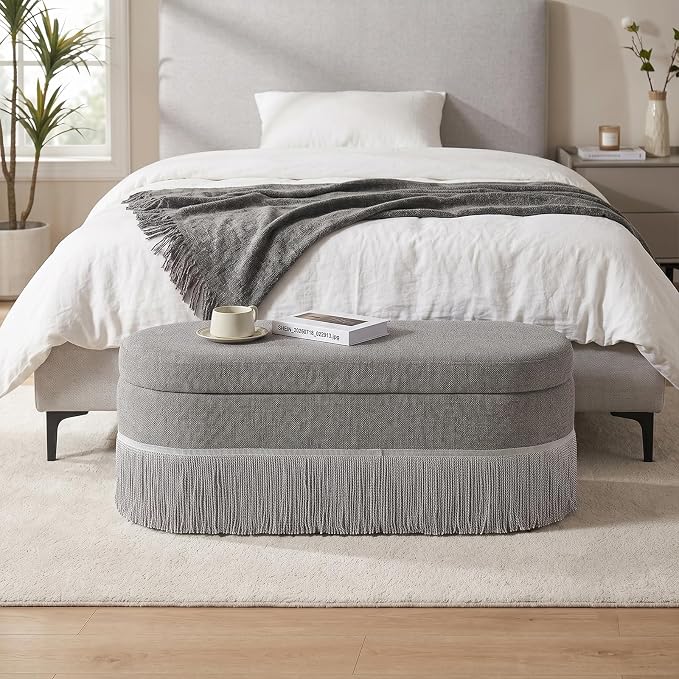 39.4“Storage Ottoman Bench with Tassels, Oval End of Bed Bench for Bedroom | Modern Ottoman with Storage,Linen Upholstered Entryway Foot Rest, Lift-Top Lid with Safety Hinge, Living Room, Grey