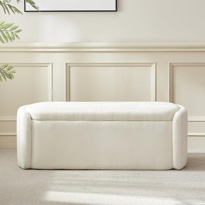 VKNOW Storage Bench, Upholstered Storage Ottoman Bench with Hinge, Cream | Ottoman Bench with Large Capacity, Curved Frame, Soft Fabric, Storage Bench for Bedroom, Living Room, Entryway, Window