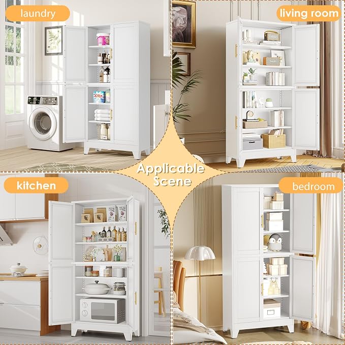 75" Tall Metal Kitchen Pantry Storage Cabinet, Freestanding Cupboard with 4 Doors and 4 Adjustable Shelves, Standing Storage for Kitchen, Bathroom, Garage, Dinning Room or Utility Room(White)