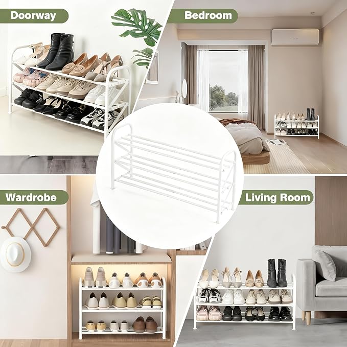 3-Tier Shoe Rack for Closet, 16"-32" Expandable Shoe Rack Adjustable for Entryway Closet Doorway Sturdy Metal, White