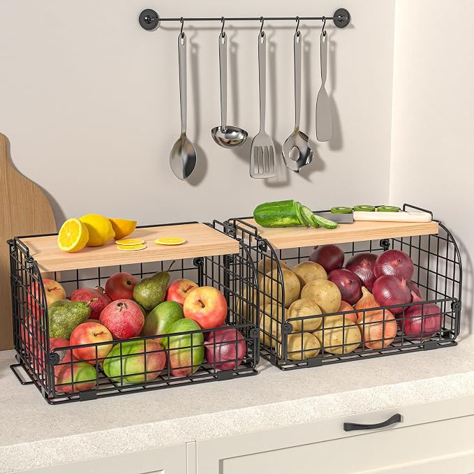 2 Set Stackable Wire Basket with Openable Top, Kitchen Counter, Pantry Organizer and Storage Produce Onion Potato Fruits Vegs Bread Food Snack Spice Organizing Bin for Cabinet Shelf Countertop Floor