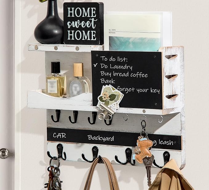 Key Holder for Wall Mount with Shelf and Mail Organizer, Key and Mail Holder with 16 Hooks, Farmhouse Entryway Organizer, Home Decor Rack (Pine Wood, White Washed)