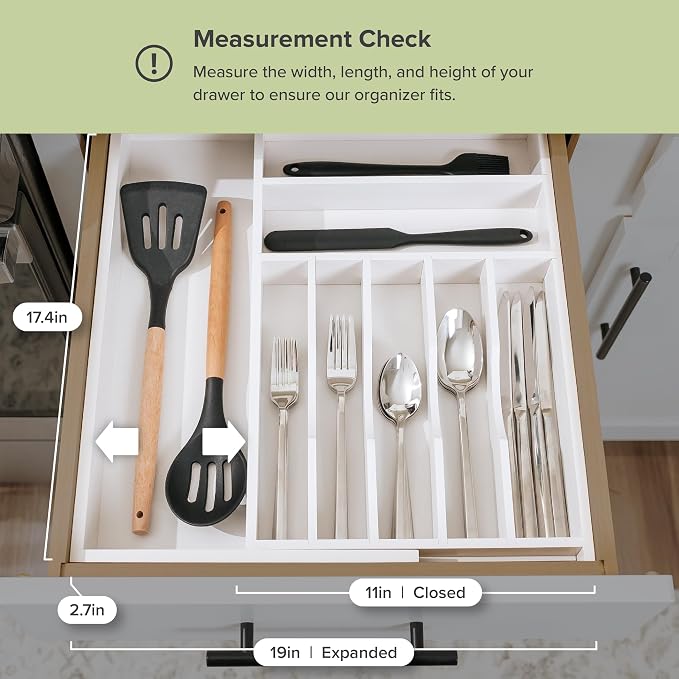 KitchenEdge Silverware & Utensil Drawer Organizer, 10.5-19 in, White Bamboo | Cutlery, flatware, food-safe contract grade, kitchen drawer fit