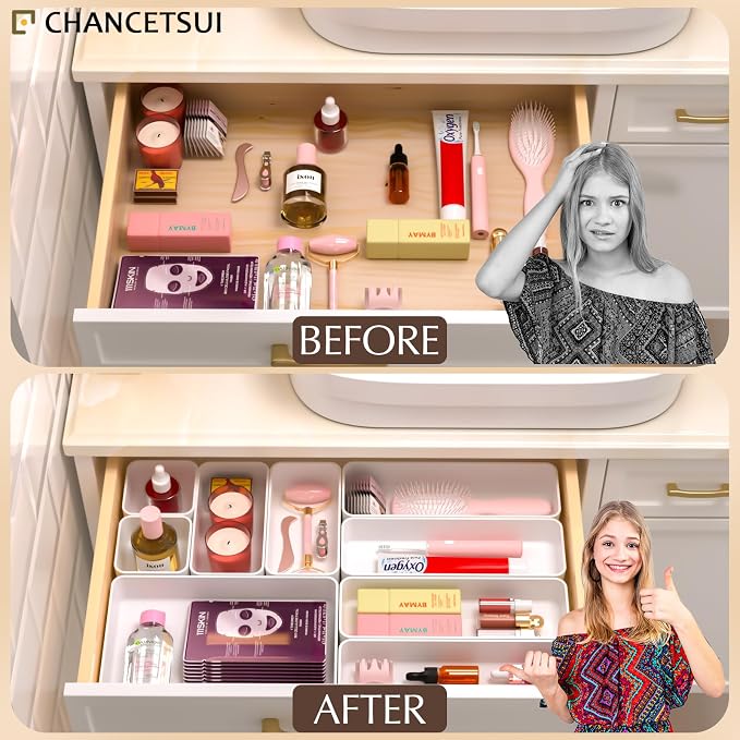 White Desk Drawer Organizer Trays: 9PC Shallow Vanity Bathroom Organizers | cosmetic short office plastic stackable storage quality makeup dorm kitchen